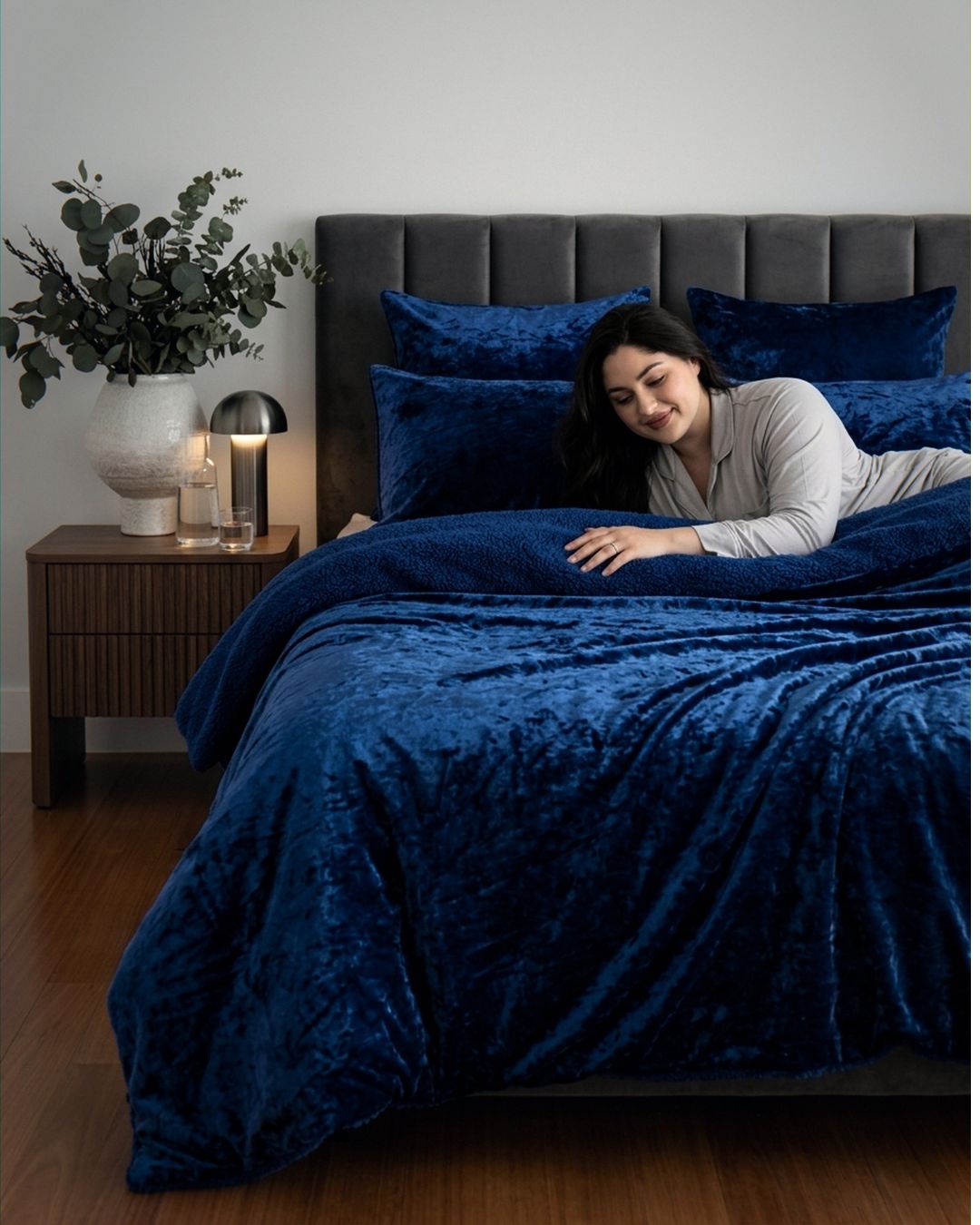 Morgan and Reid Navy Velvet Crushed Snuggle Fleece Comforter Set styled bed with coordinating bedroom decor