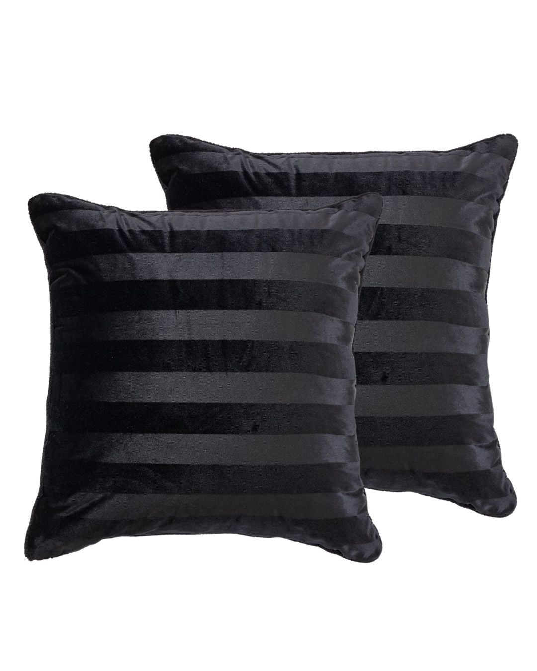 Morgan and Reid Black Velvet Stripe Snuggle Fleece European Pillowcase Pair on a styled bed with matching comforter