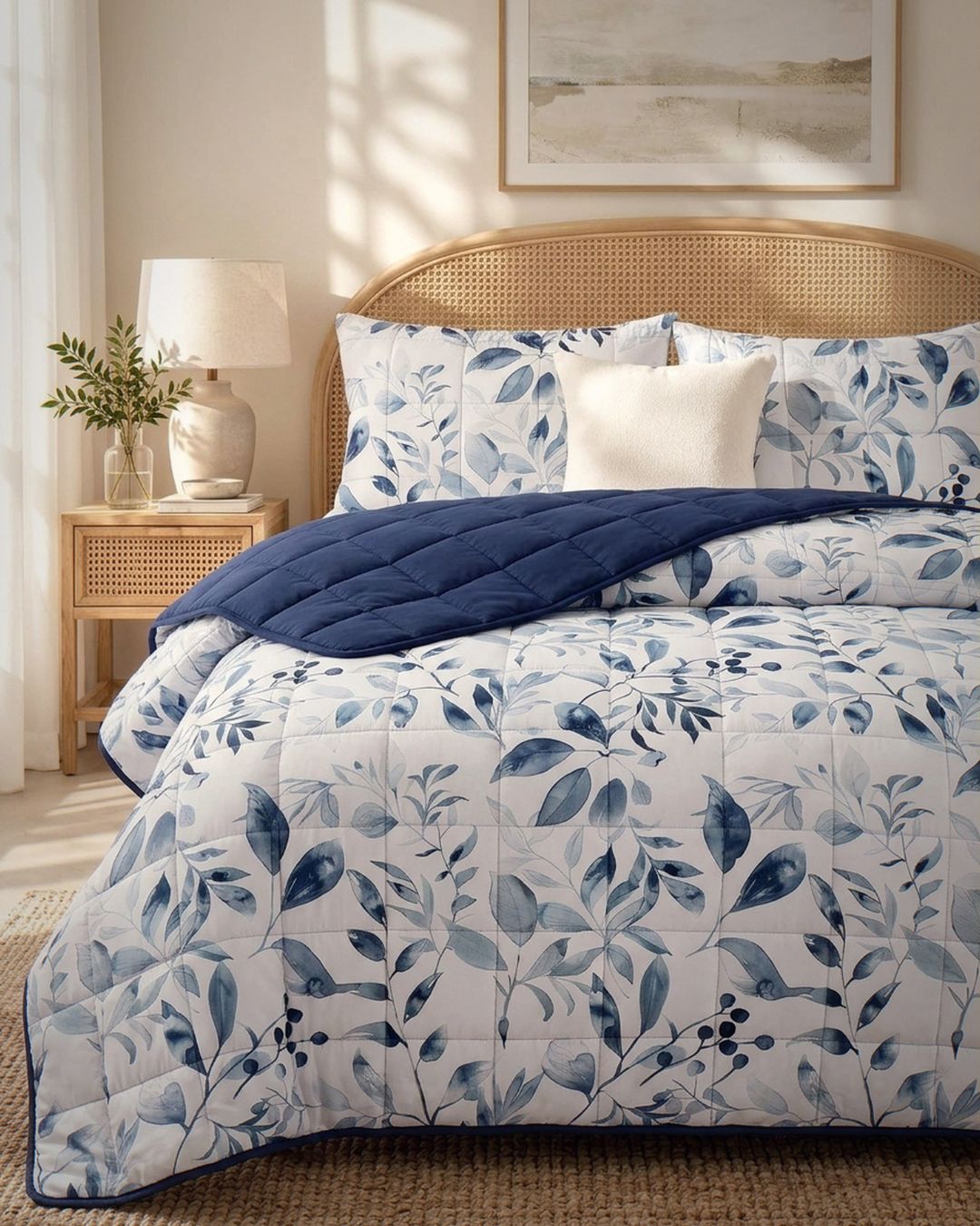 A neatly made bed in a softly lit bedroom featuring a white quilted comforter and matching pillow shams with a blue botanical leaf pattern, plus a folded navy quilted throw blanket. A cane-topped headboard, bedside lamp, and framed wall art are visible.