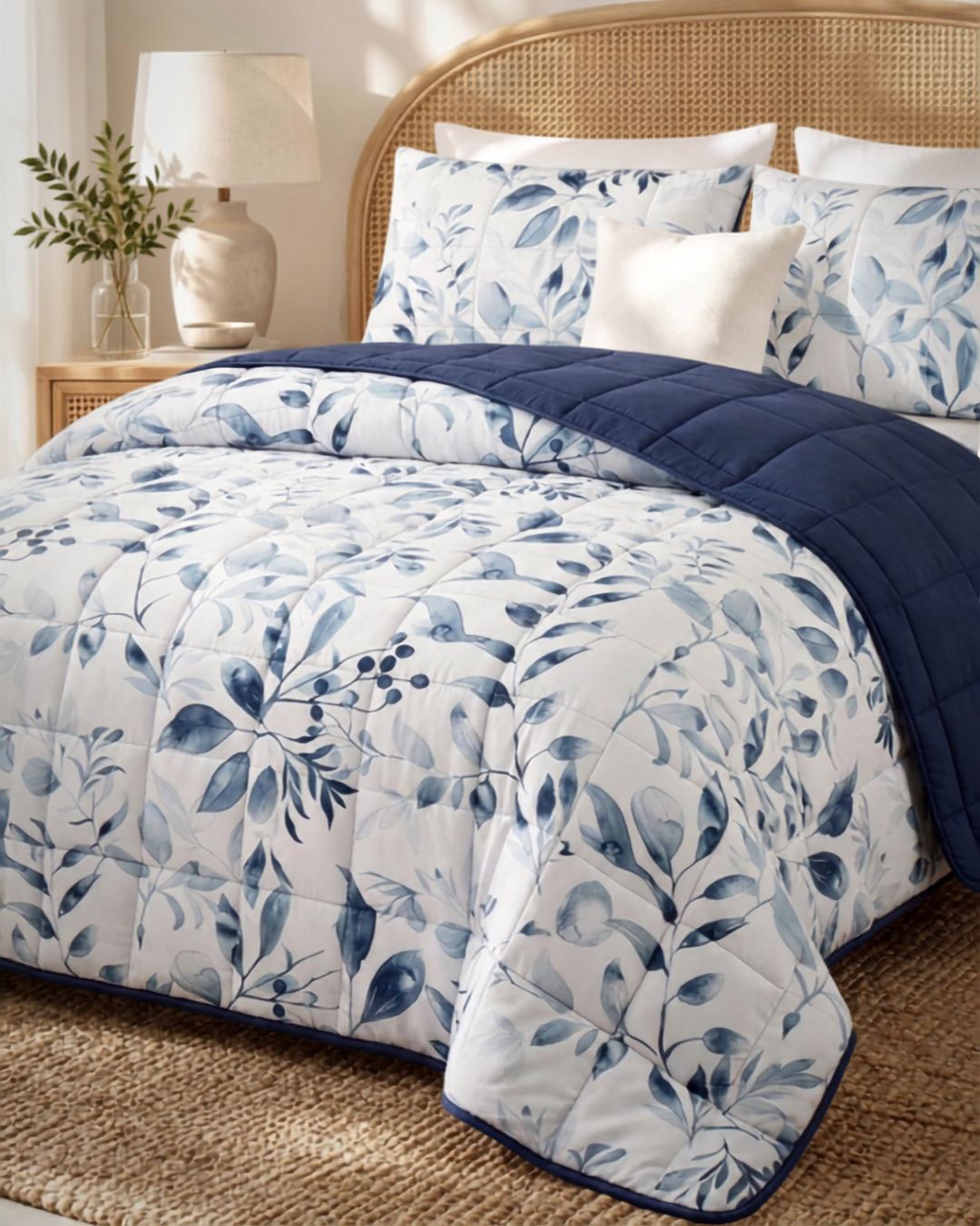 A bed dressed in a white comforter set with a blue botanical leaf pattern, a navy blue quilted throw, matching pillow shams, and white accent pillows, styled in a bright bedroom with a cane headboard, bedside lamp, and woven rug.