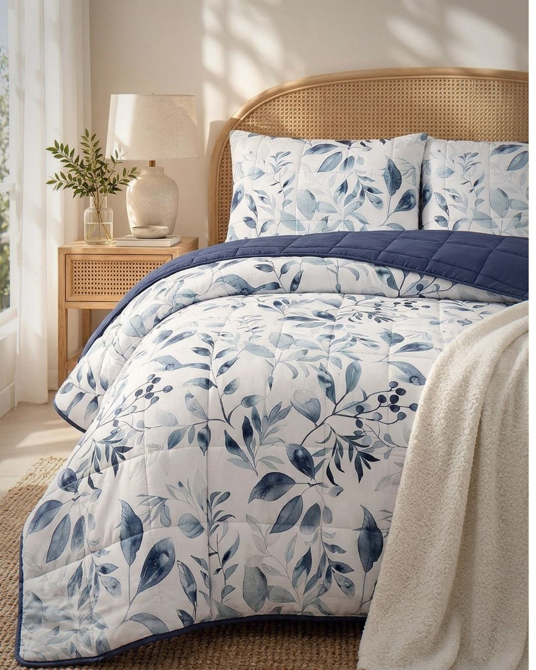 A neatly made bed in a softly lit bedroom featuring a white comforter and matching pillow shams with a blue botanical leaf pattern, a navy quilted section at the top, a woven cane headboard, a bedside lamp, and a cream throw blanket.