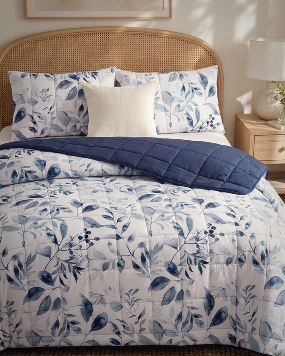 A neatly made bed in a bedroom setting featuring a white quilted comforter with a blue botanical leaf pattern, matching pillow shams, a solid cream throw pillow, and a folded navy blue quilted blanket. The bed has a natural woven cane headboard, with a wooden nightstand and a white lamp visible on either side.