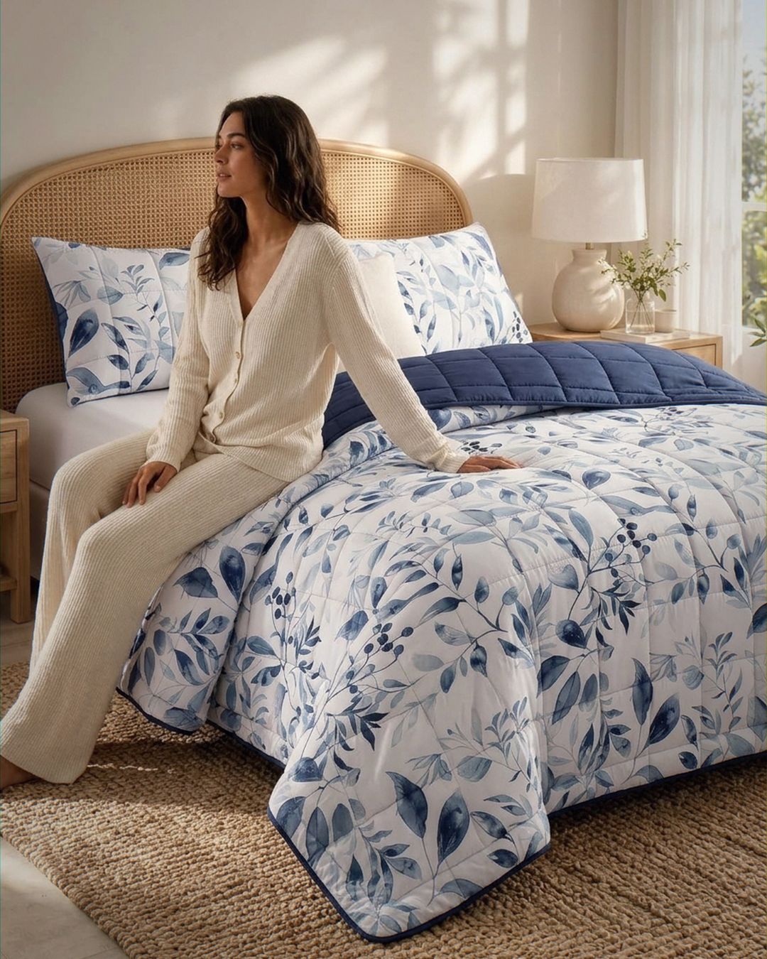 A woman in a cream knit pajama set sits on a bed with a white quilted comforter featuring a blue botanical leaf pattern, matching pillow shams, and a navy blue tufted throw blanket in a bright, sunlit bedroom.