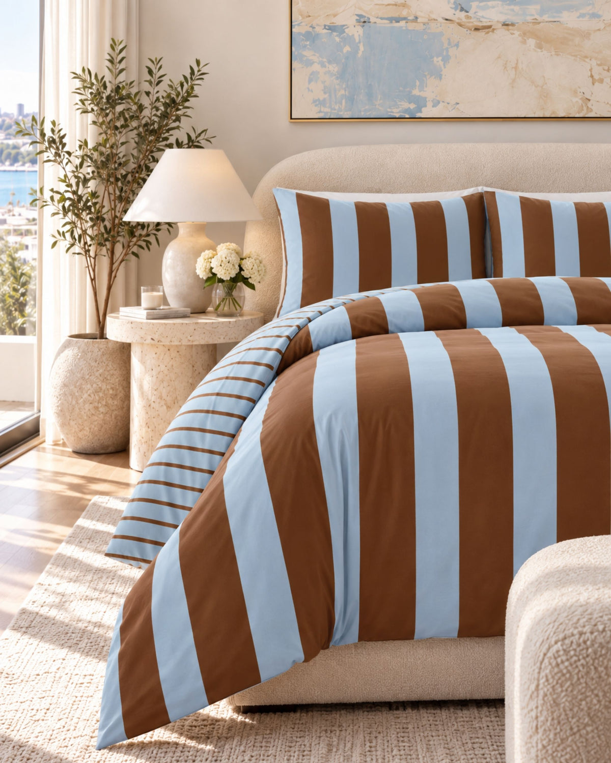 A bed dressed in a striped bedding set with alternating light blue and medium brown vertical stripes, styled in a bright, modern bedroom with a beige upholstered headboard, side table, lamp, and plant.