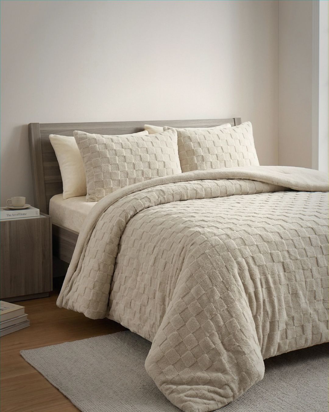 Sand checkered snuggle fleece comforter set styled on bed with matching shams in neutral bedroom setting