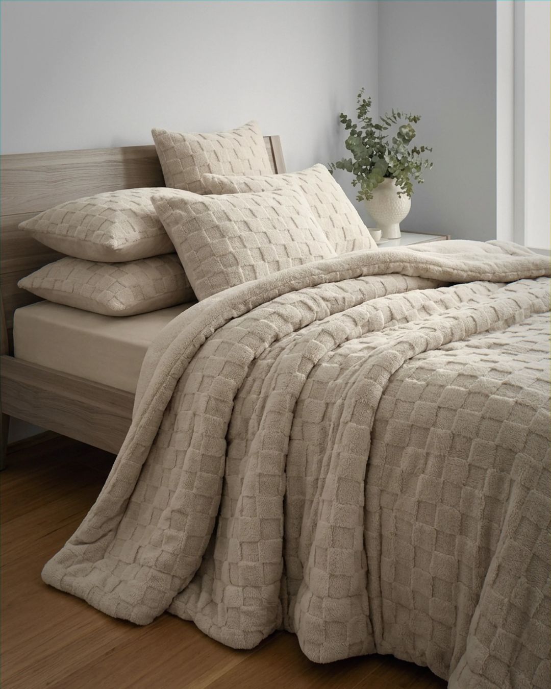 Sand checkered snuggle fleece comforter set styled on bed with matching pillow shams in neutral bedroom setting