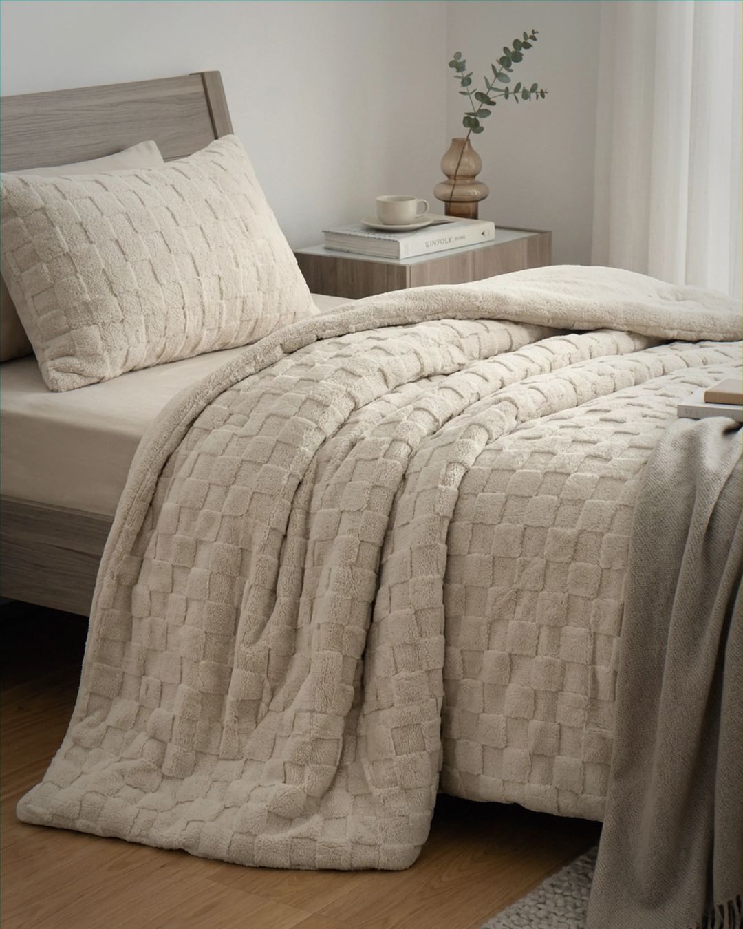 Sand checkered snuggle fleece comforter set styled on bed with matching pillow sham, neutral bedroom lifestyle shot.