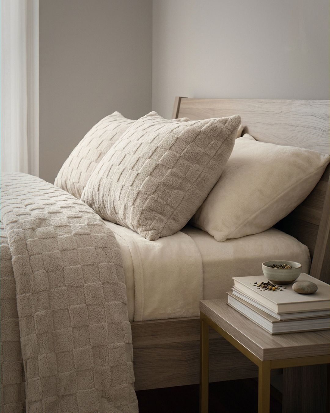 Lifestyle shot of sand checkered snuggle fleece comforter set styled on bed with matching pillow and neutral bedding.