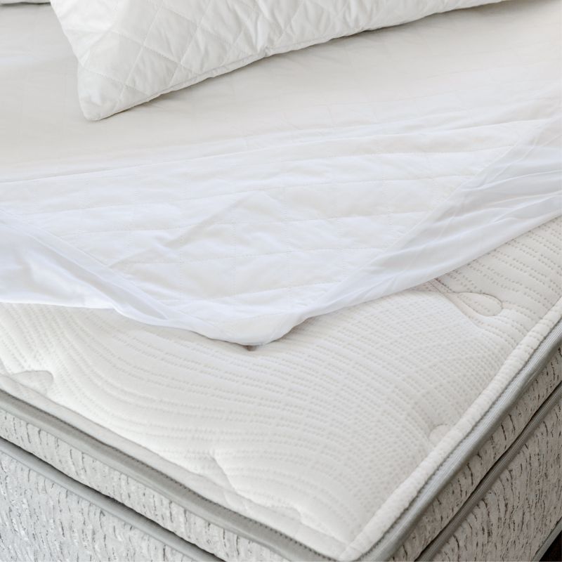 A neatly made bed with white sheets and pillows, a wicker headboard, and the Sienna Living Bamboo Mattress Protector. A small wooden table beside the bed holds a white vase filled with green leafy branches.