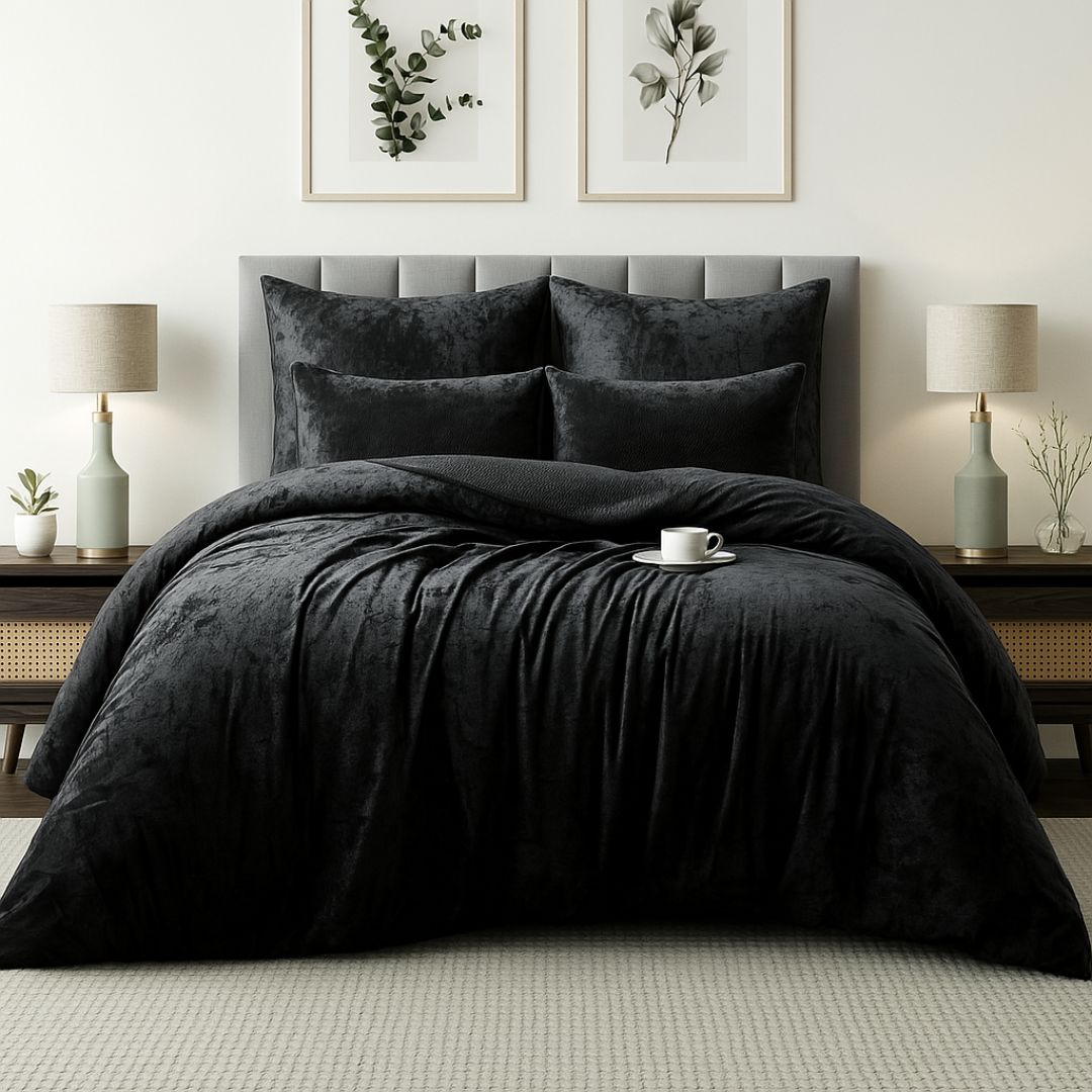 A neatly made bed with plush black bedding, flanked by two nightstands with lamps, against a light wall with two botanical art frames above the headboard. A white cup sits on the bed.