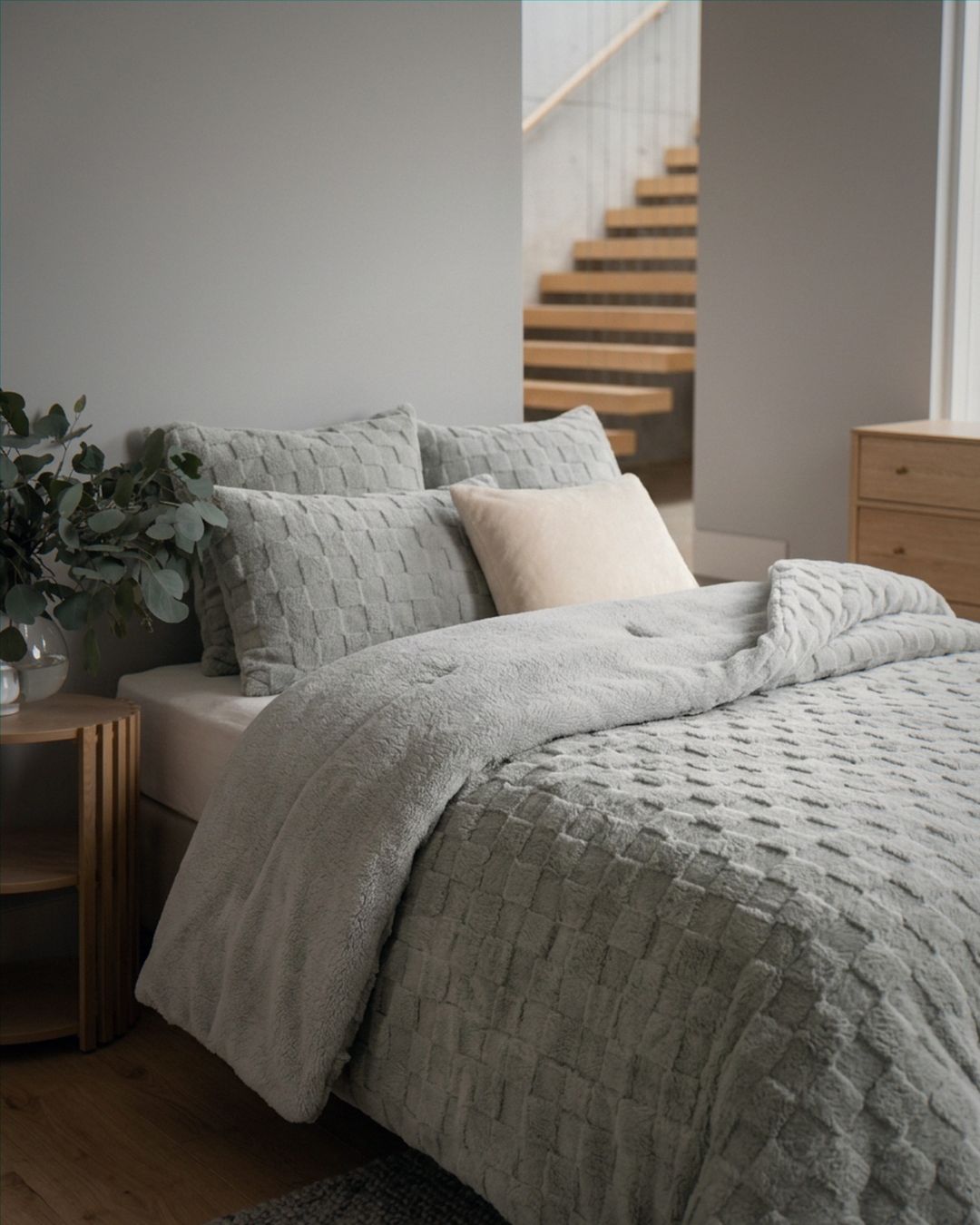 green checkered comforter on bed