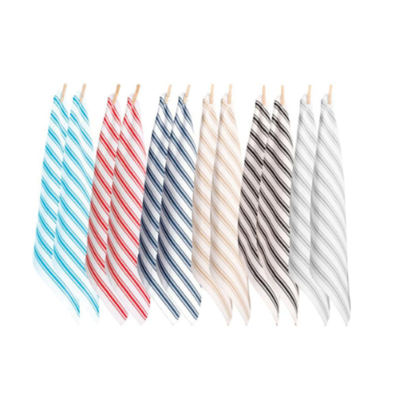 A row of ten striped tea towels in various colors, including blue, red, navy, beige, black, and gray, hanging from wooden pegs on a white background.