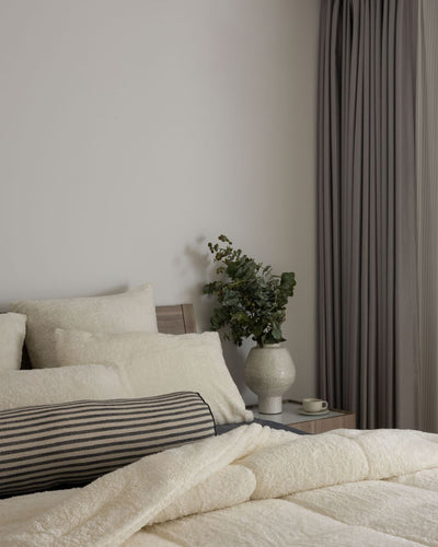 Detail shot of the Morgan and Reid Bright White Snuggle Fleece European Pillowcase Pair on a pillow