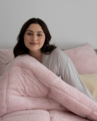 Morgan and Reid Chalk Pink Snuggle Fleece Comforter Set styled bed with coordinating bedroom decor