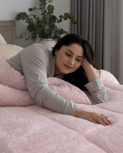 Morgan and Reid Chalk Pink Snuggle Fleece Comforter Set close-up highlighting the soft texture