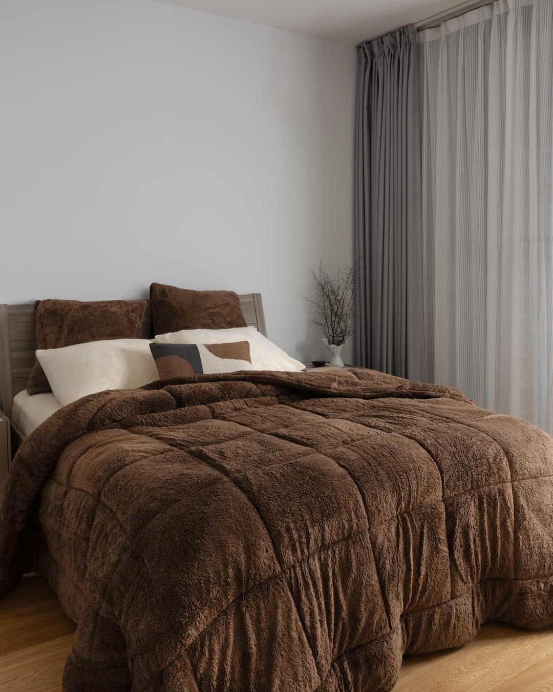 Morgan and Reid Cocoa Snuggle Fleece Comforter Set styled on a neatly made bed in a bright bedroom