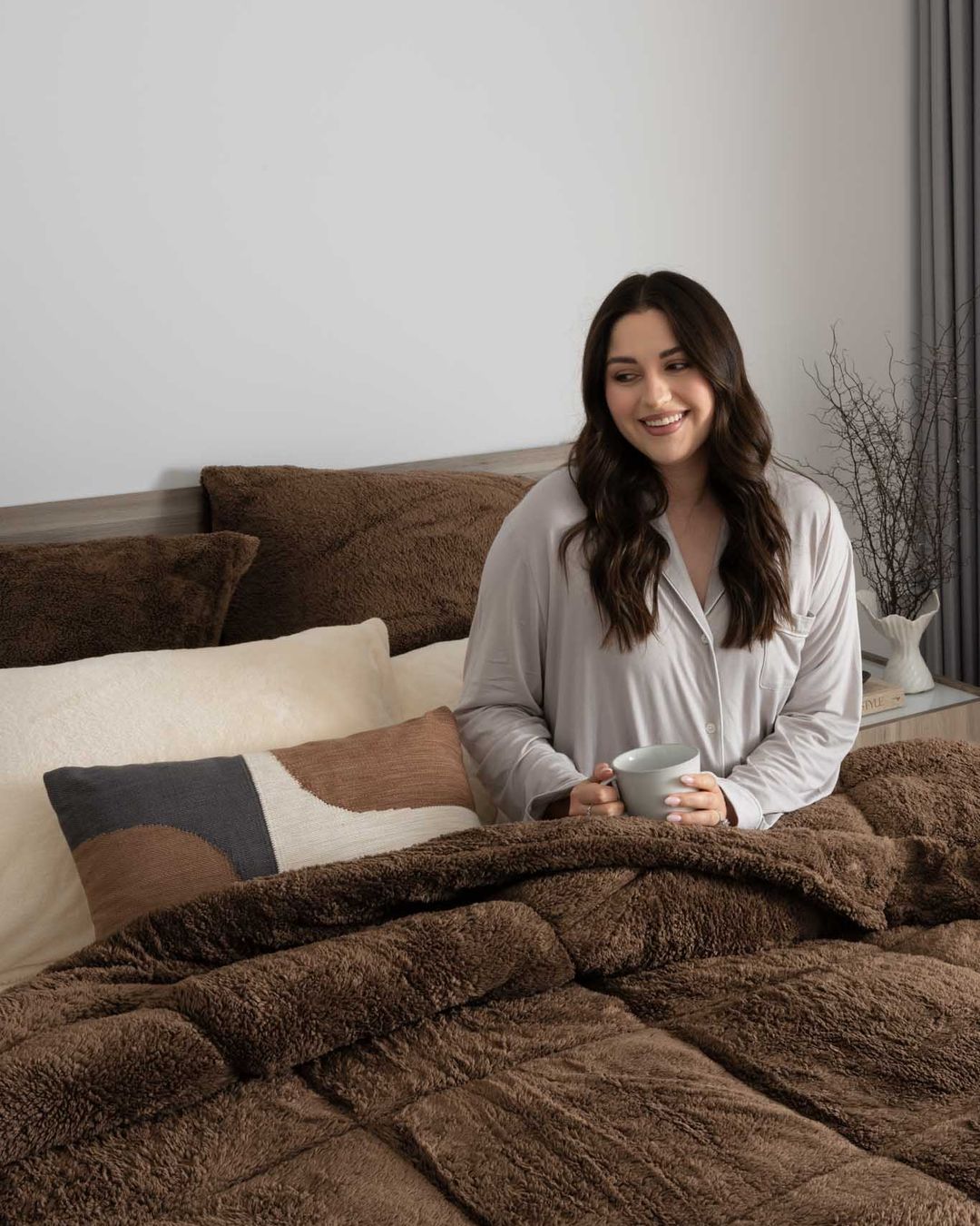 Detail shot of the Morgan and Reid Cocoa Snuggle Fleece Comforter Set fabric and finish