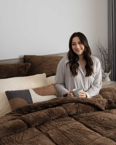 Detail shot of the Morgan and Reid Cocoa Snuggle Fleece Comforter Set fabric and finish