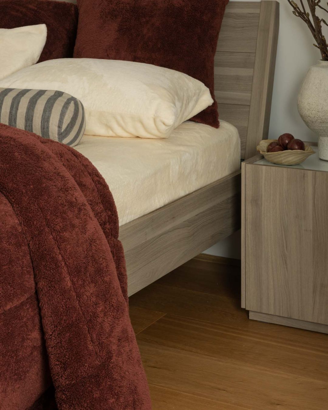 Morgan and Reid Hot Chocolate Snuggle Fleece Comforter Set styled bed with coordinating bedroom decor