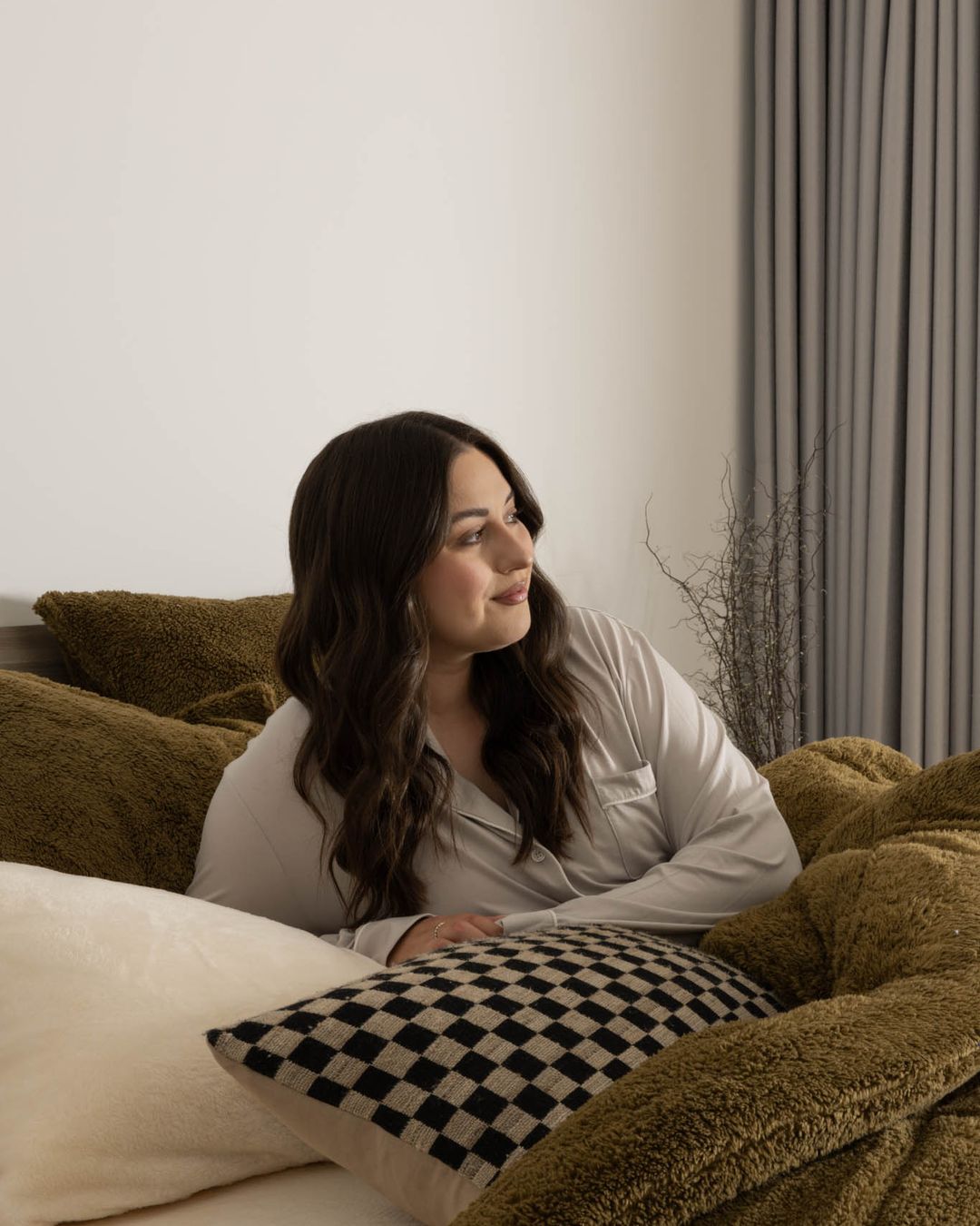 Morgan and Reid Military Olive Snuggle Fleece Comforter Set in a cosy bedroom lifestyle setting