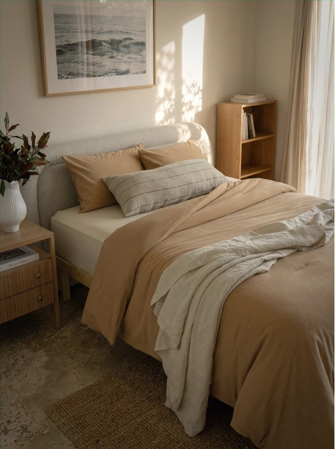 Cozy bedroom with a bed, side table, and bookshelf.