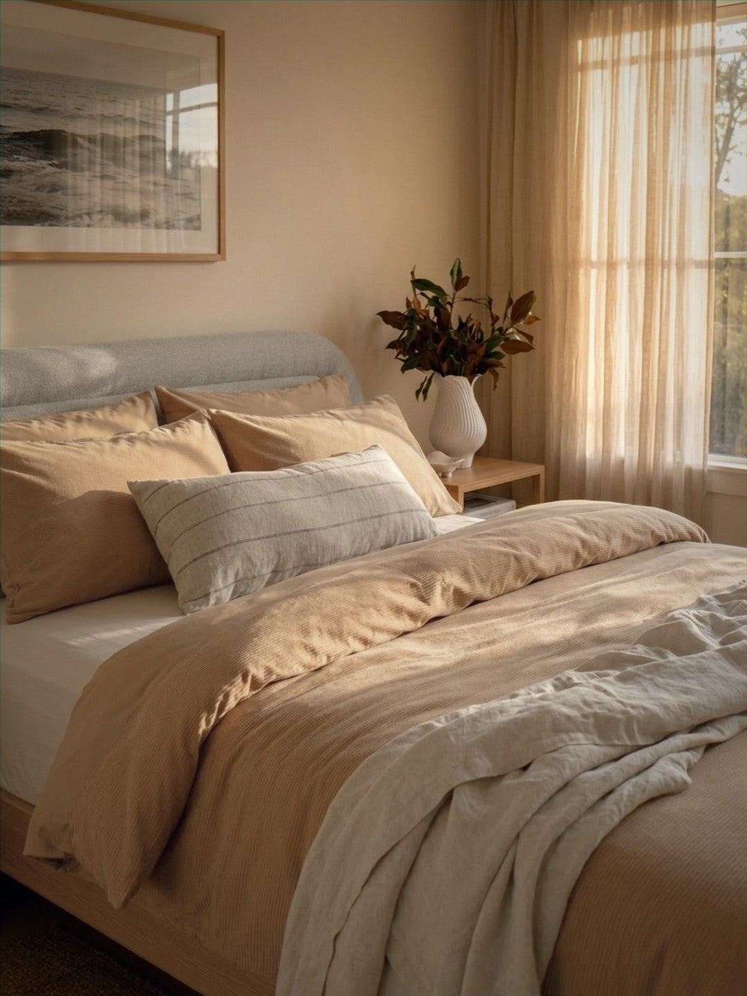 Neatly made bed with beige and brown bedding in a bedroom setting.