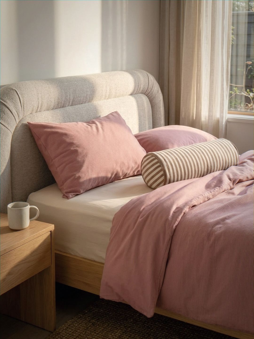 Bedroom with pink bedding and pillows on a bed, next to a wooden nightstand with a mug.