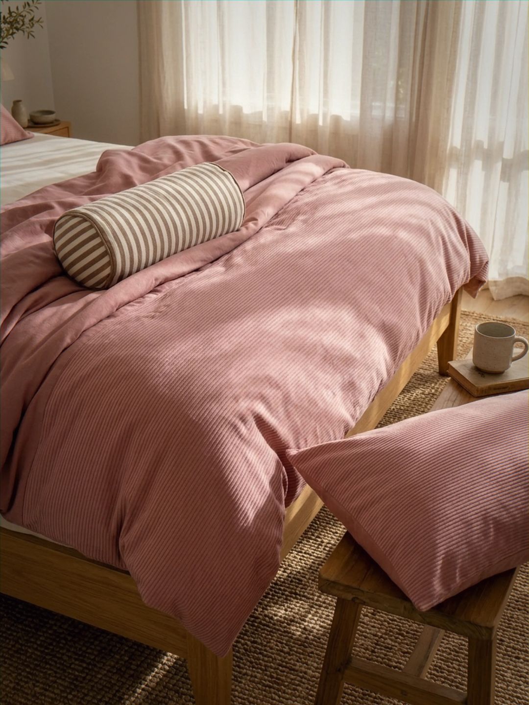 Bed with pink bedding and striped pillow in a softly lit room.