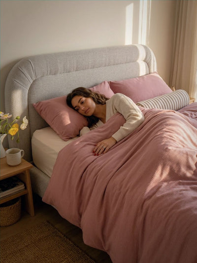 Woman sleeping in a bed with pink bedding and pillows in a cozy bedroom.