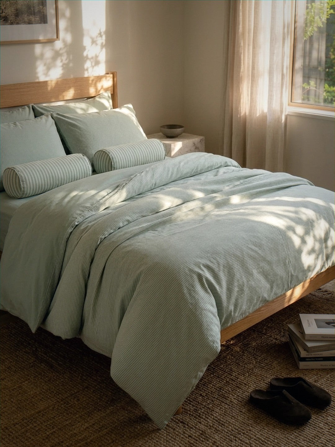 Bedroom with light green bedding and wooden headboard
