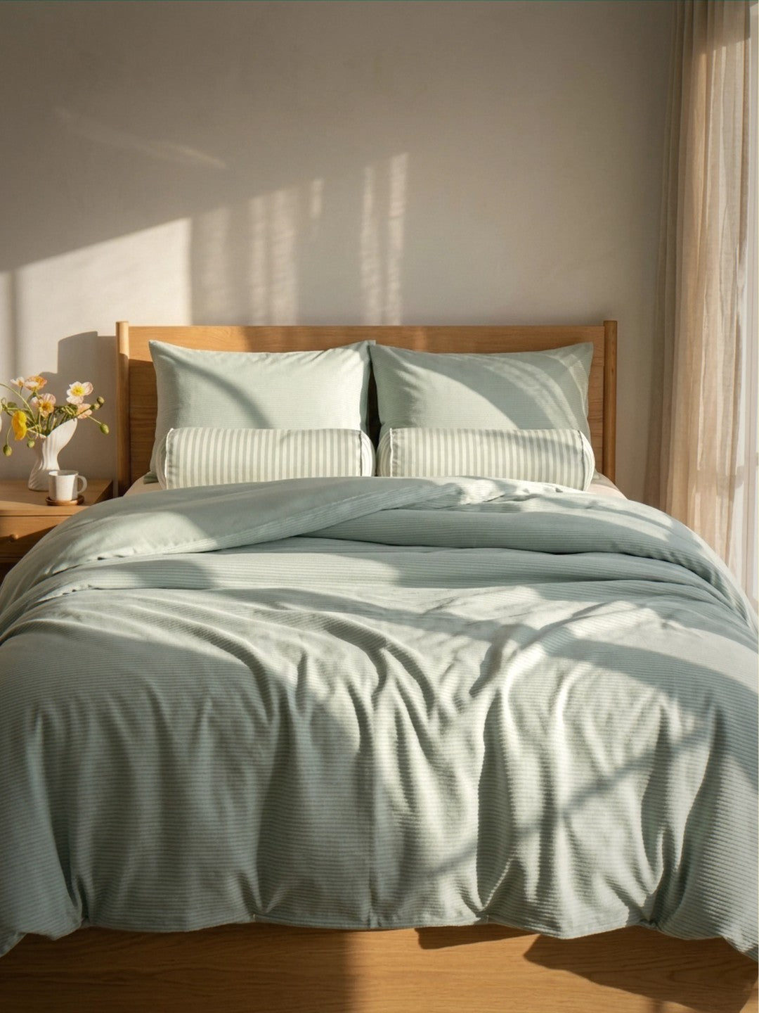 Bed with light green bedding and pillows in a softly lit room.