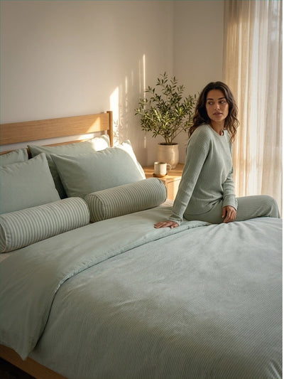Woman sitting on a bed with light green bedding in a bright bedroom.