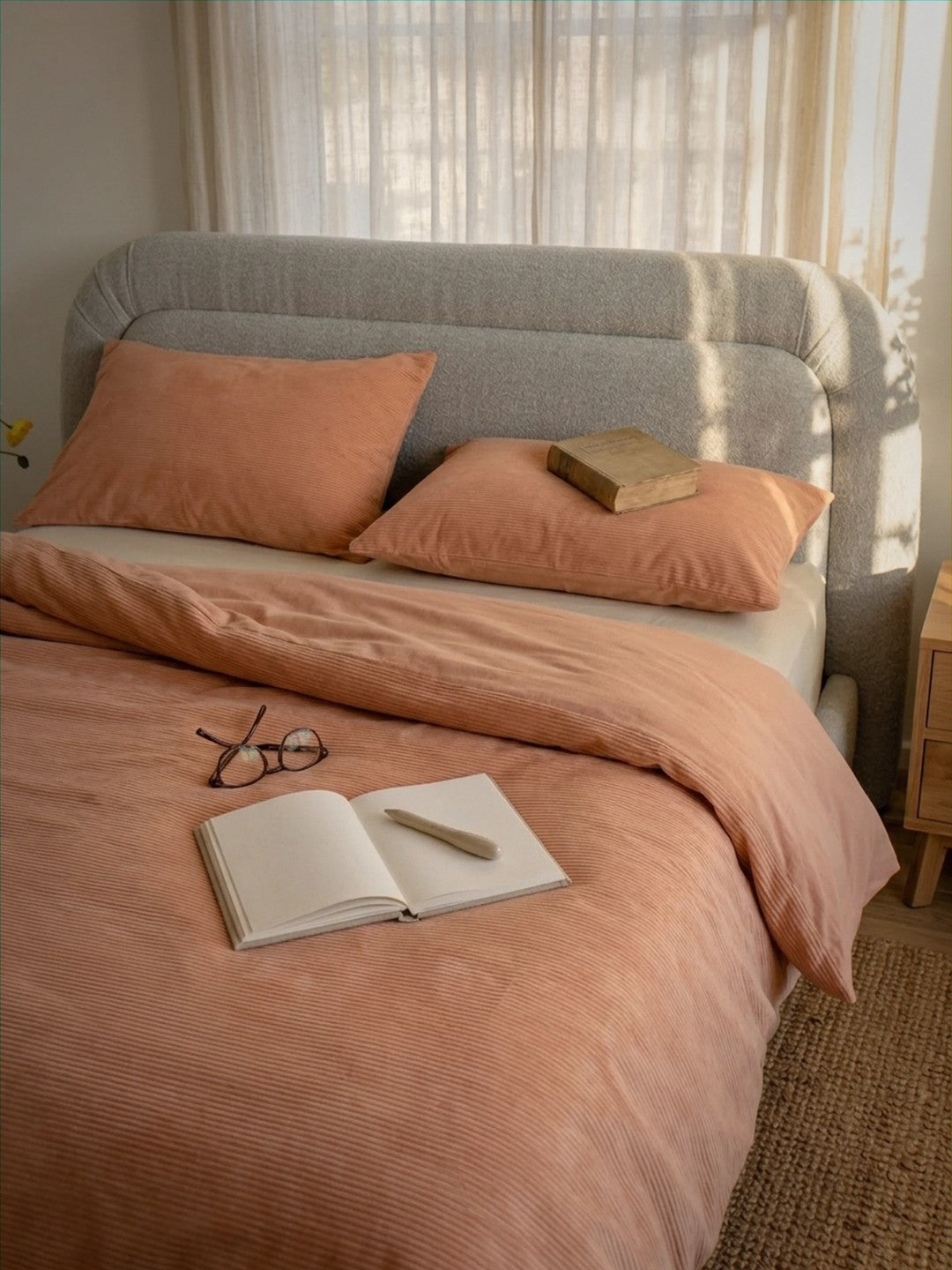 Bed with pink bedding and pillows, open book, and glasses in a softly lit room.