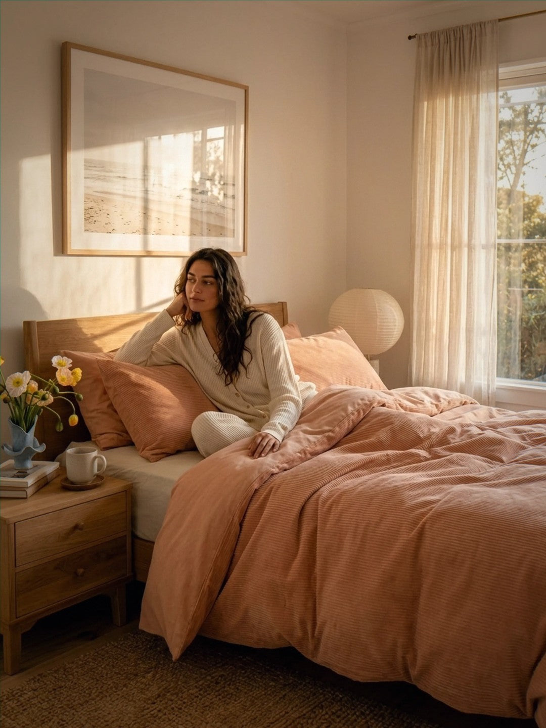 Woman sitting on a bed with pink bedding in a cozy bedroom.