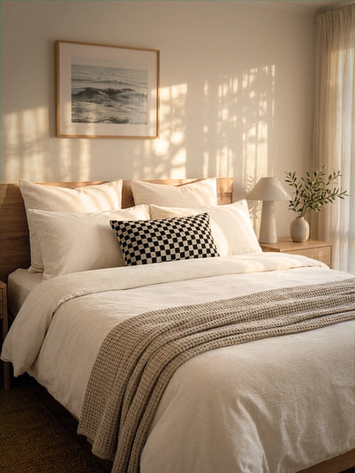 Neatly made bed with white bedding and a checkered pillow, side table with lamp and plant, framed picture on wall.