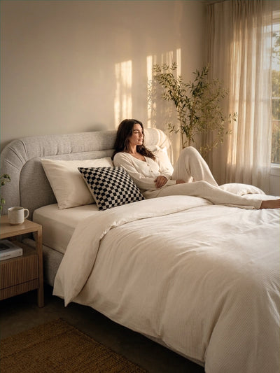 Woman sitting on a bed in a cozy bedroom with natural light