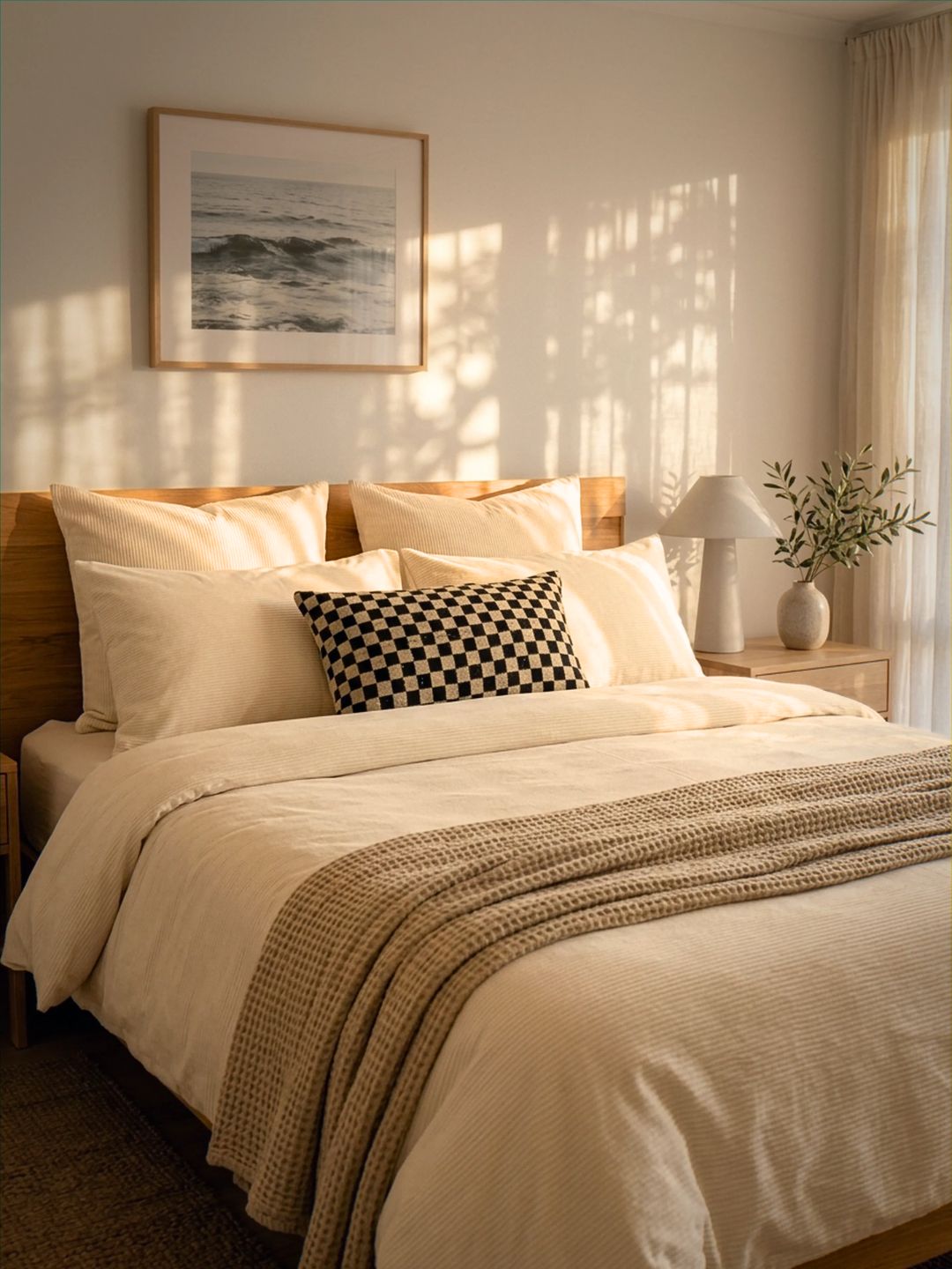 A neatly made bed in a softly lit bedroom, dressed in cream bedding with a black-and-white checkered accent pillow and a beige knit throw blanket. A wooden headboard, framed wall art, bedside lamp, and small vase with branches are visible.