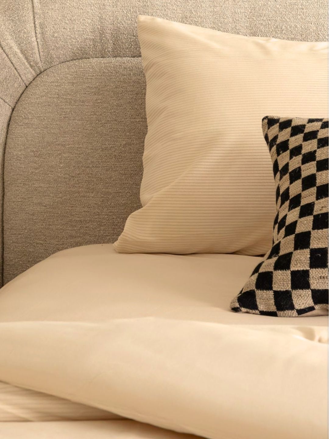 Beige sofa with a white pillow and a black and white checkered pillow.