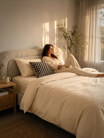 A woman relaxes on a bed with cream bedding in a softly lit bedroom. The bed has a curved upholstered headboard, matching cream duvet and pillows, and a black-and-white checkered accent pillow.