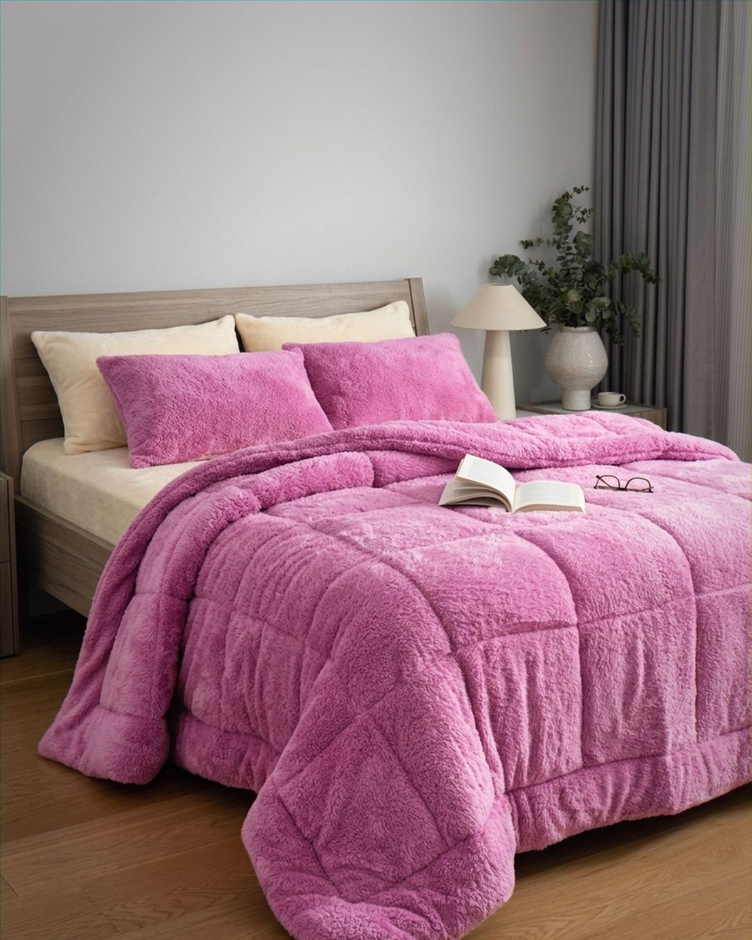 Morgan and Reid All Seasons Snuggle Fleece Crocus Comforter Set styled on a neatly made bed in a bright bedroom