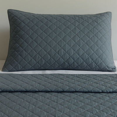 A neatly made bed features the Morgan and Reid Argyle Shade Coverlet Set in dark gray with matching pillows, creating a contemporary vibe. Above, three abstract art pieces hang, while a wooden table with red flowers sits to the right.