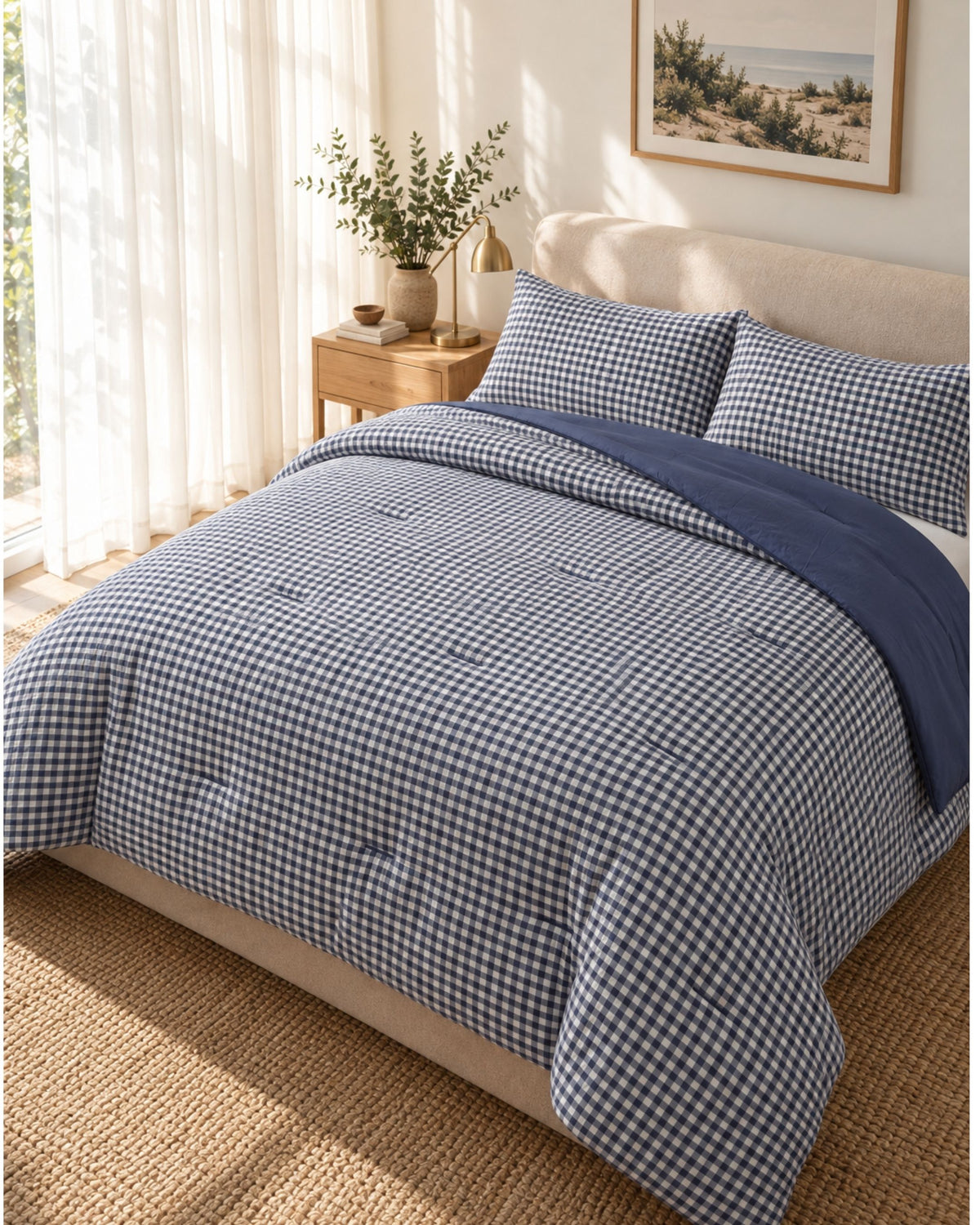 A neatly made bed in a bright bedroom setting, featuring a blue and white gingham checkered comforter with a solid navy blue folded-over section, matching pillow shams, and a beige upholstered bed frame.