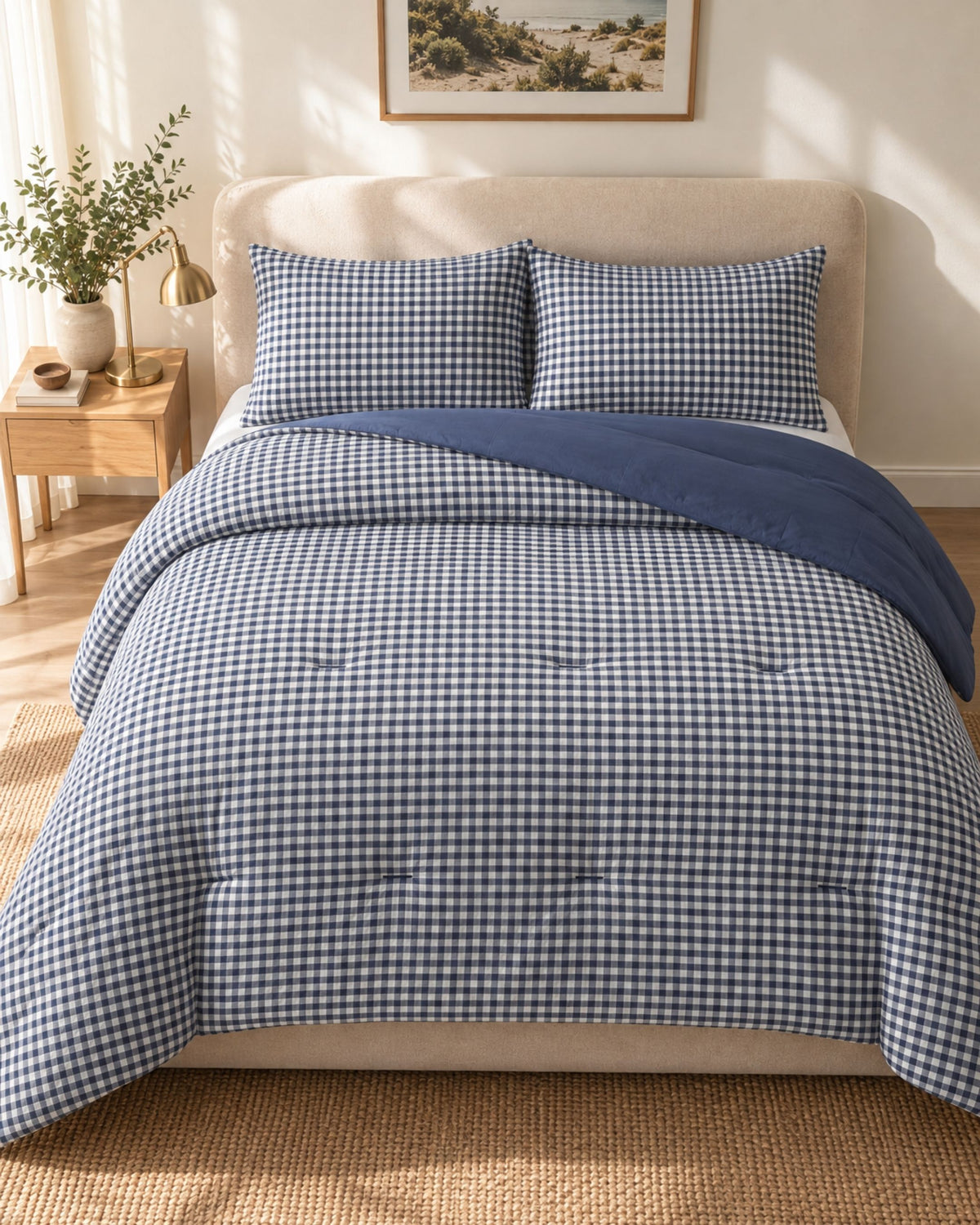 A neatly made bed in a sunlit bedroom featuring a blue-and-white gingham check comforter, matching pillow shams, and a solid navy throw blanket draped across the top. A beige upholstered headboard, wood nightstand, plant, and framed wall art are visible in the room.