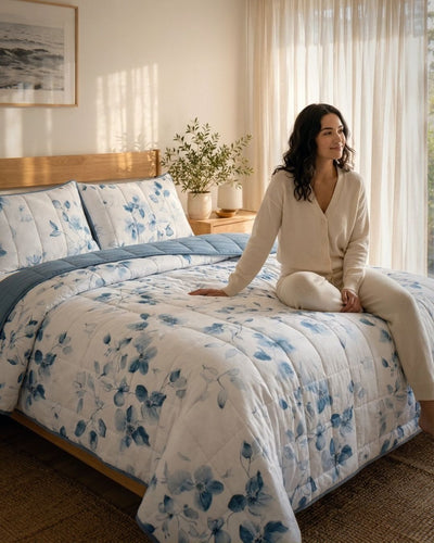 Woman sitting on a bed with floral bedding in a bright bedroom.