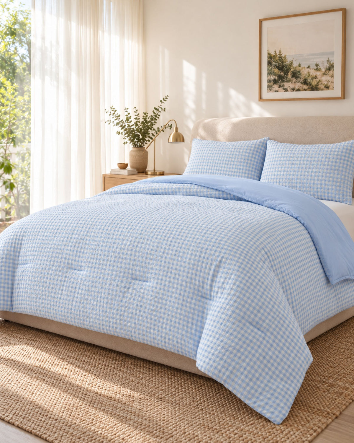 A light blue and white gingham checkered comforter set with matching pillowcases on a bed in a bright, sunlit bedroom.
