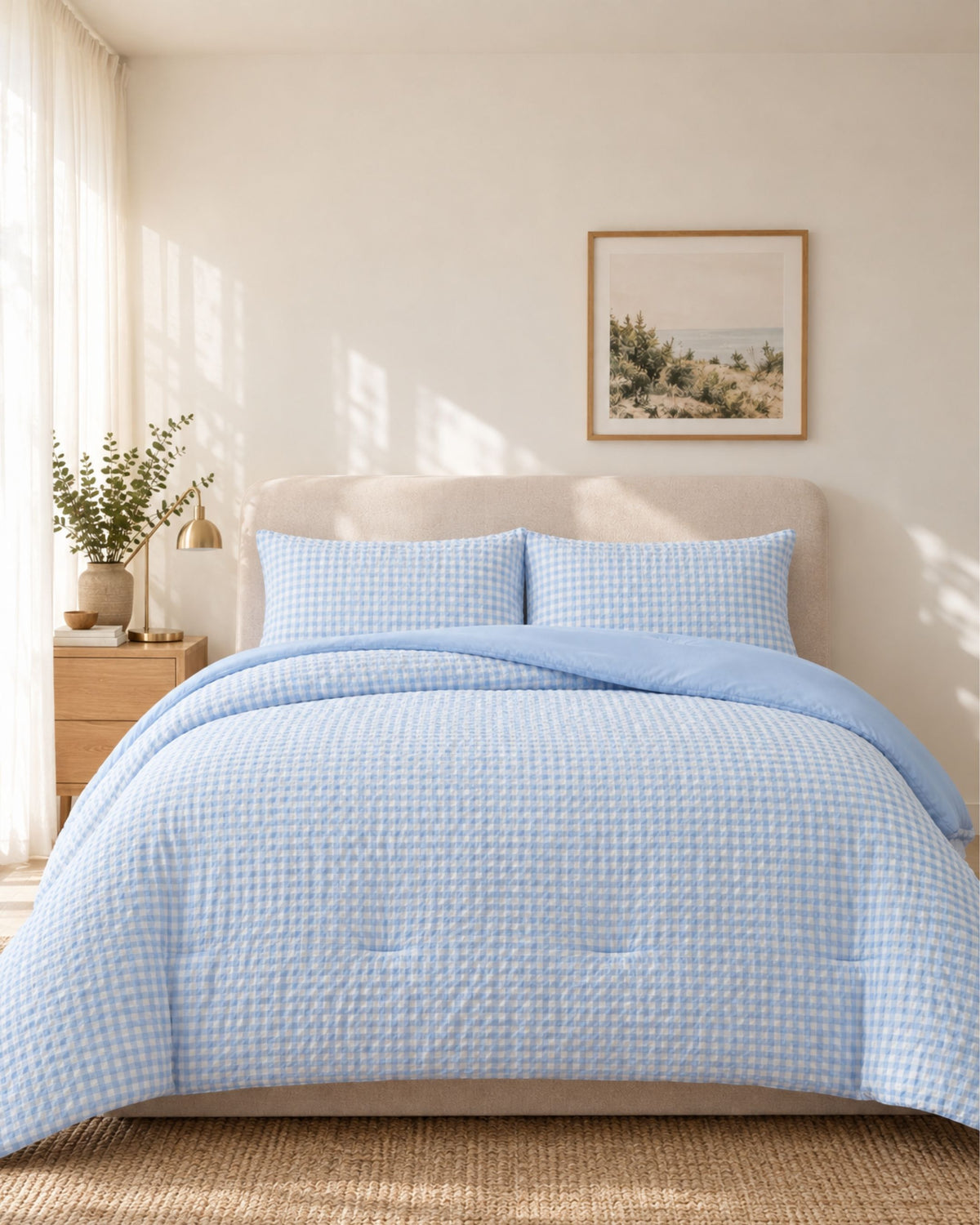 A neatly made bed in a bright bedroom, covered with a light blue and white gingham quilt and matching pillow shams. The room has warm cream walls, a beige upholstered headboard, a small wooden nightstand with a lamp and vase, and a framed landscape print above the bed.
