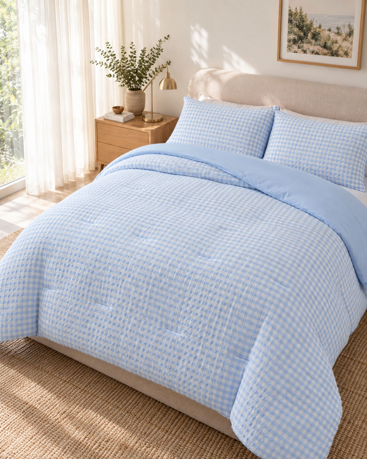 A light blue and white gingham patterned comforter set with matching pillowcases on a bed in a bright, modern bedroom.
