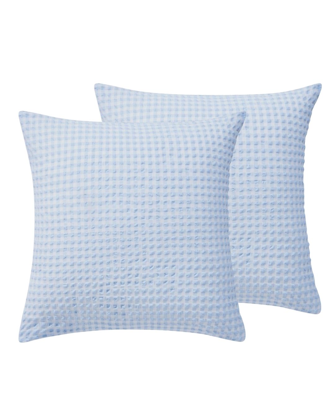 Two square throw pillows in a light blue and white gingham check pattern, featuring a textured waffle-weave fabric, shown against a plain white background.