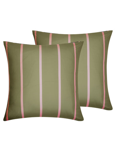 Bordeaux Stripe European Pillowcase Pair shown as two square pillowcases with olive green, bordeaux and pink stripes.