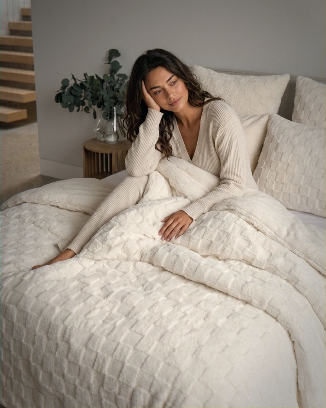 Woman in a white sweater sitting on a bed with textured bedding